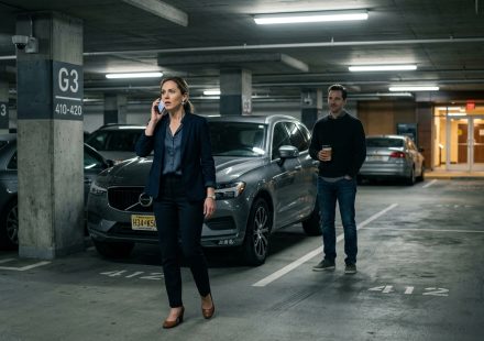 Woman on the phone in an office parking garage as her stalker ex waits beside her car holding a coffee cup