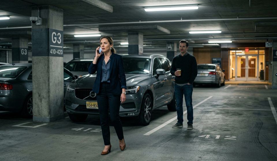 Woman on the phone in an office parking garage as her stalker ex waits beside her car holding a coffee cup