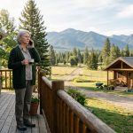 Retired woman who bought 9 acres in Montana stands outside her log cabin during an unexpected family phone call