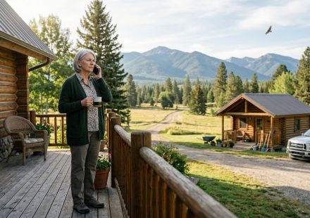 Retired woman who bought 9 acres in Montana stands outside her log cabin during an unexpected family phone call