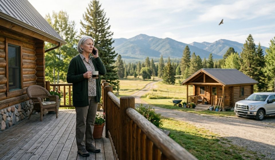 Retired woman who bought 9 acres in Montana stands outside her log cabin during an unexpected family phone call