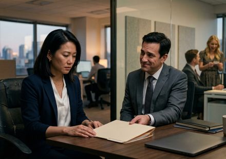 Professional consultant passed over for promotion 12 times sitting across from her manager after receiving another rejection.