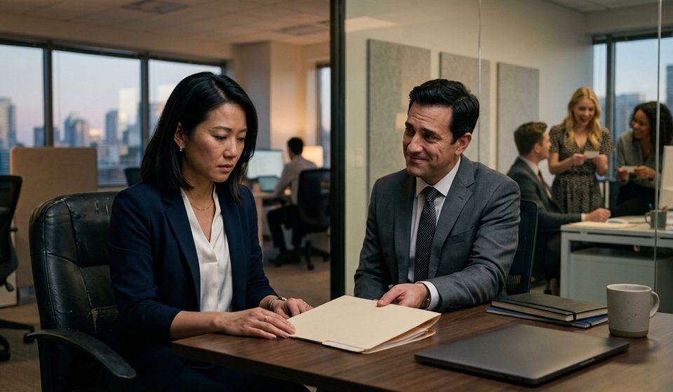 Professional consultant passed over for promotion 12 times sitting across from her manager after receiving another rejection.
