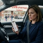 A shocked woman looks at her phone after her sister added her to family chat while she sits alone in a pharmacy parking lot.