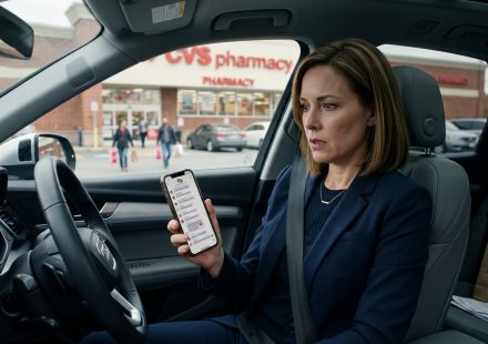 A shocked woman looks at her phone after her sister added her to family chat while she sits alone in a pharmacy parking lot.
