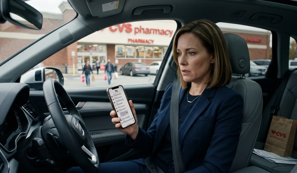 A shocked woman looks at her phone after her sister added her to family chat while she sits alone in a pharmacy parking lot.