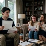 Teen holding a university acceptance letter as his disappointed twin sister and parents react coldly in their family living room.