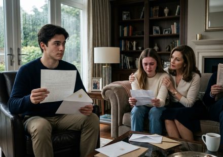 Teen holding a university acceptance letter as his disappointed twin sister and parents react coldly in their family living room.