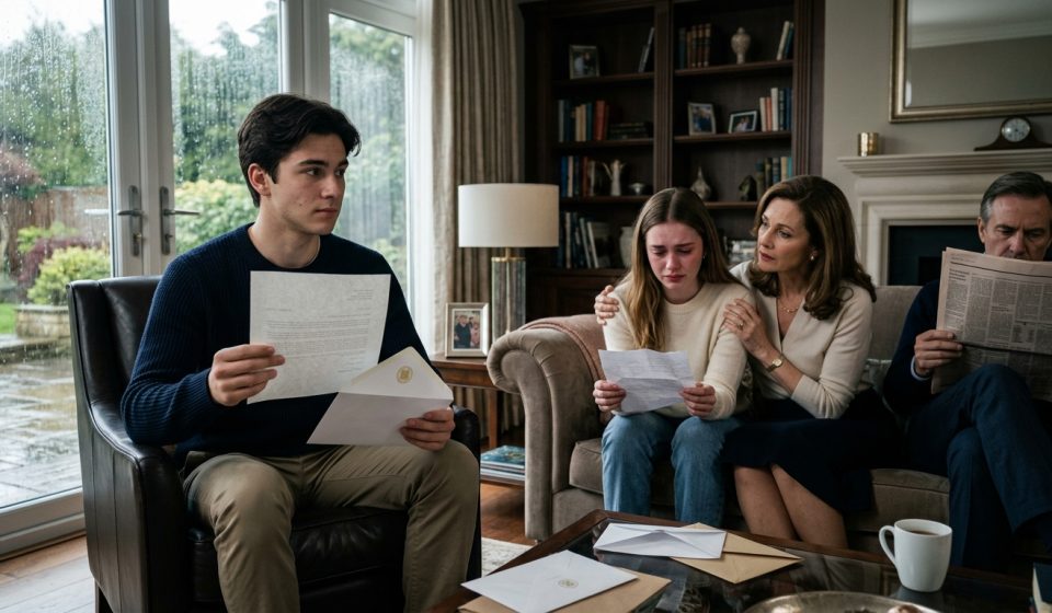 Teen holding a university acceptance letter as his disappointed twin sister and parents react coldly in their family living room.