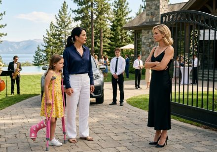 Sister blocked the estate entrance as a mother and her injured nine-year-old daughter stood outside with pink crutches.