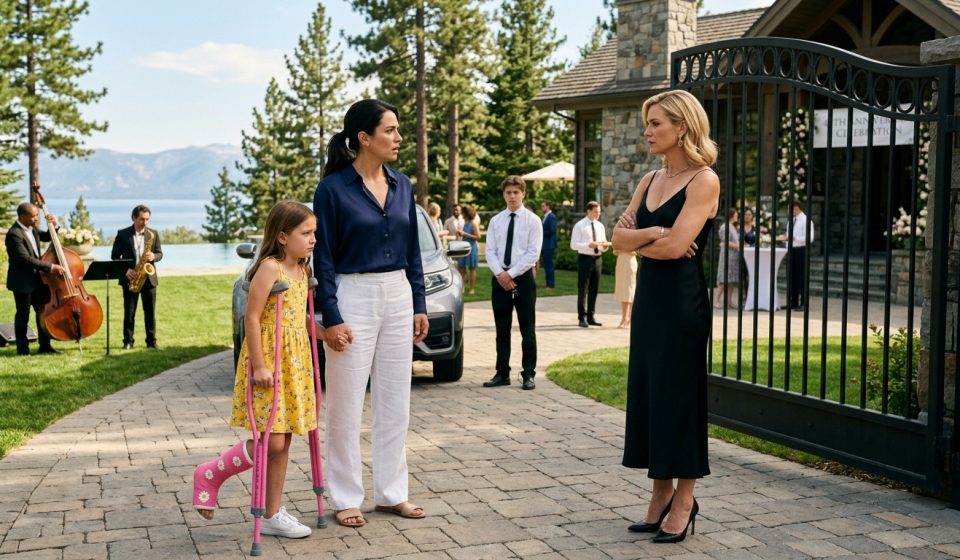 Sister blocked the estate entrance as a mother and her injured nine-year-old daughter stood outside with pink crutches.