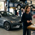 Woman who woke up dizzy every morning standing beside her charcoal-grey sedan at an auto repair garage