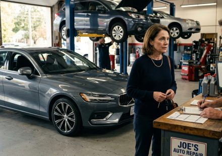 Woman who woke up dizzy every morning standing beside her charcoal-grey sedan at an auto repair garage