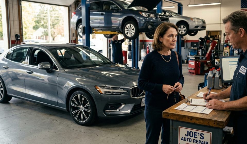 Woman who woke up dizzy every morning standing beside her charcoal-grey sedan at an auto repair garage