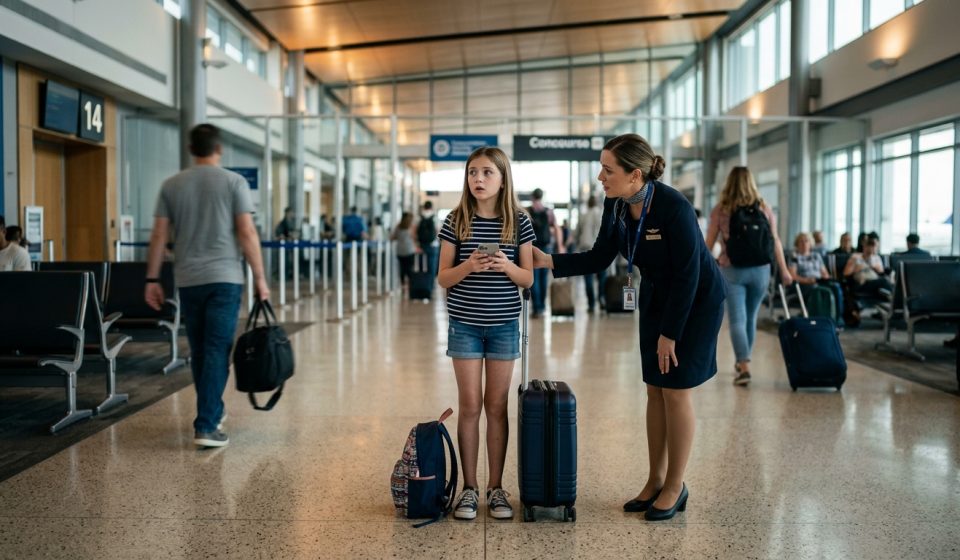 Grandparents abandoned granddaughter at airport as a 12-year-old girl stands alone near the departure gates with her phone.