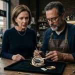 Jeweler showing Elaine the hidden tracker inside my watch after opening the watch casing