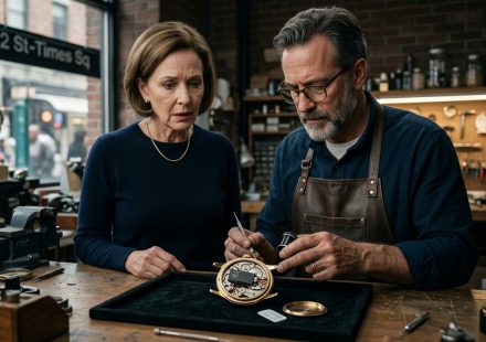 Jeweler showing Elaine the hidden tracker inside my watch after opening the watch casing