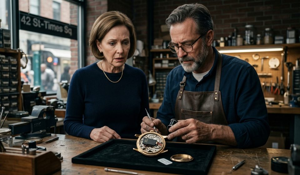 Jeweler showing Elaine the hidden tracker inside my watch after opening the watch casing