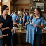Daughter excluded from family retreat as her aunt pulls away a matching blue family T-shirt while her mother stands beside her