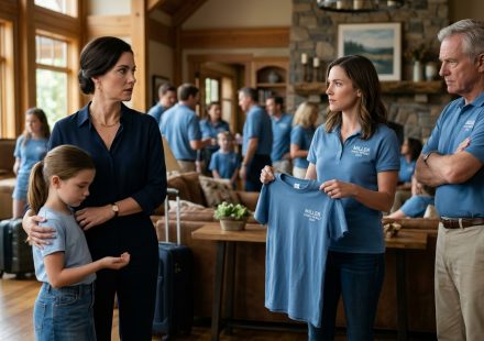 Daughter excluded from family retreat as her aunt pulls away a matching blue family T-shirt while her mother stands beside her