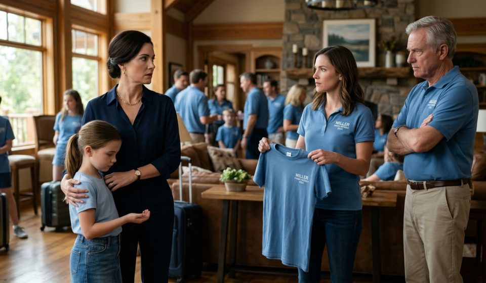 Daughter excluded from family retreat as her aunt pulls away a matching blue family T-shirt while her mother stands beside her