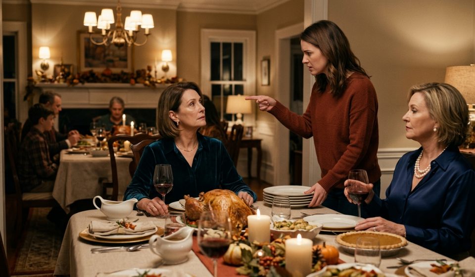 Daughter tells mother to leave during a tense Thanksgiving dinner as her exhausted mother sits beside the family table