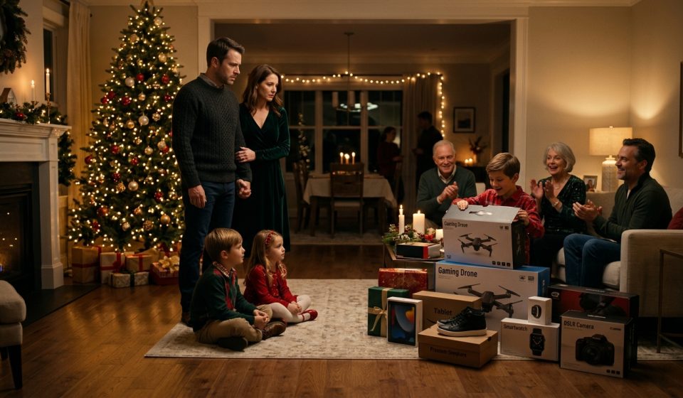 Parents made my kids watch their cousin open a large pile of Christmas gifts while the family gathered around the tree