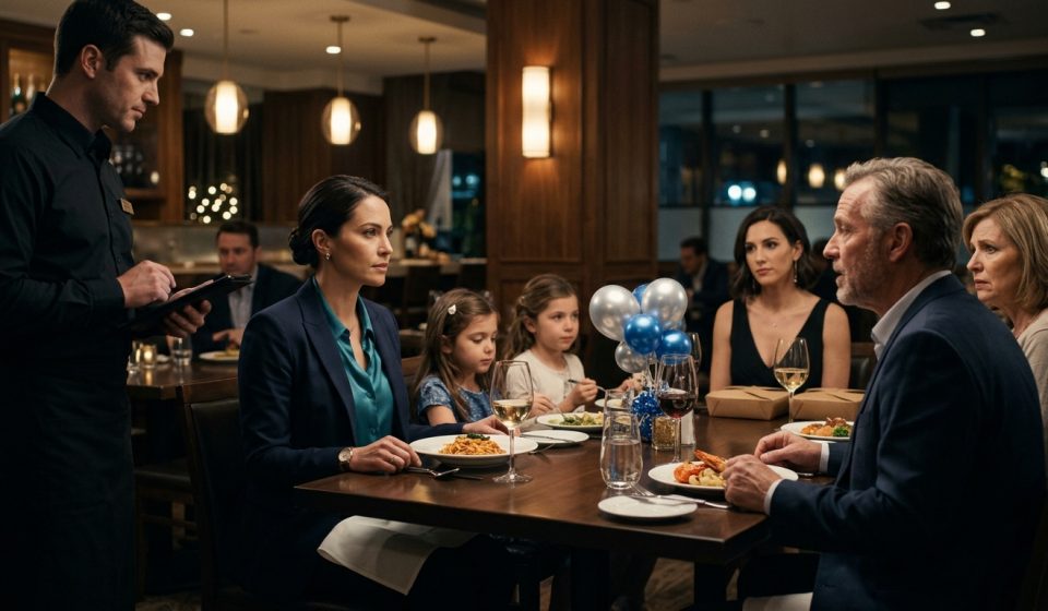 Mother at a family birthday dinner requesting separate checks after her father dismisses her daughters while her sister boxes expensive food