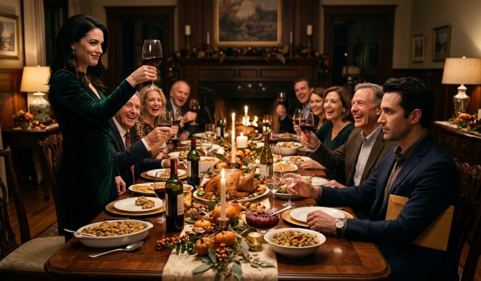 The brother nobody would miss sits calmly at Thanksgiving dinner as his sister raises a wine glass and relatives laugh around the table.