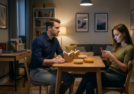 A concerned man sits across from his distracted girlfriend during dinner as their relationship begins to unravel over her renewed connection with an ex.