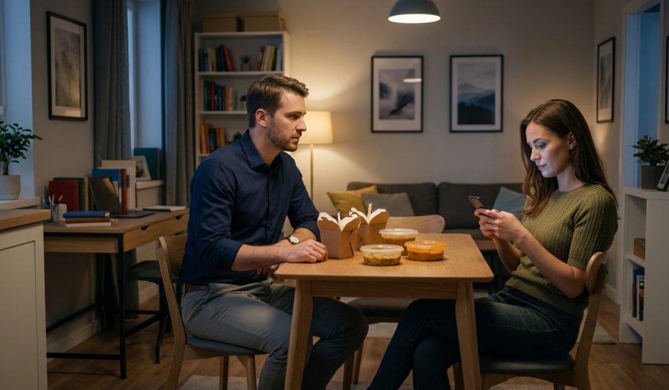 A concerned man sits across from his distracted girlfriend during dinner as their relationship begins to unravel over her renewed connection with an ex.