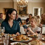 A woman watches in disbelief as her niece broke my expensive phone during a family Sunday lunch while relatives laugh around the table.