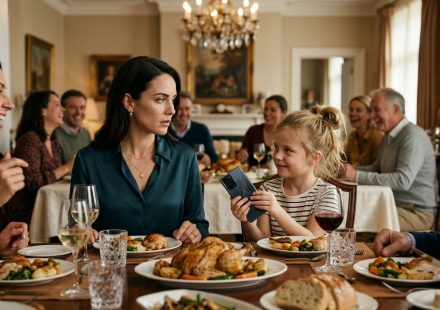 A woman watches in disbelief as her niece broke my expensive phone during a family Sunday lunch while relatives laugh around the table.