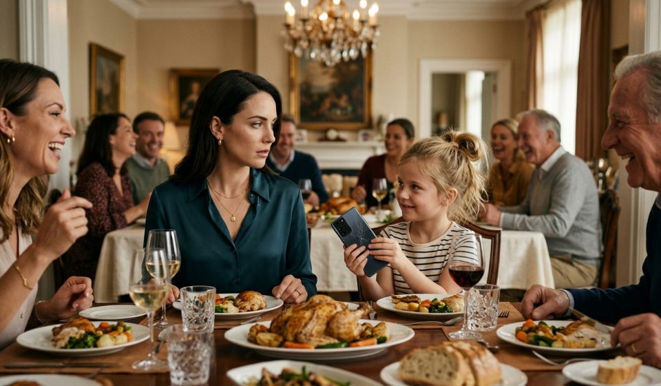A woman watches in disbelief as her niece broke my expensive phone during a family Sunday lunch while relatives laugh around the table.