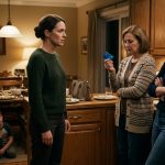 Mother and her two children excluded from the family trip while a relative holds her debit card in the kitchen.