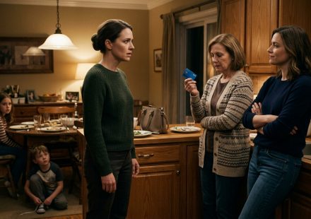 Mother and her two children excluded from the family trip while a relative holds her debit card in the kitchen.