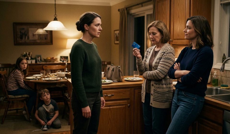 Mother and her two children excluded from the family trip while a relative holds her debit card in the kitchen.