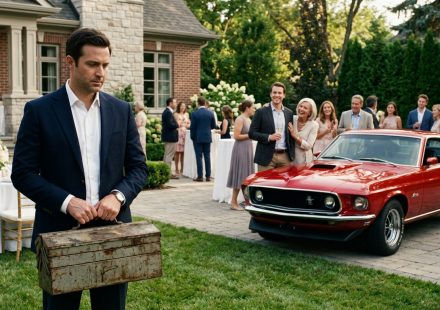 Family reunion scene where one brother receives a vintage Mustang while the brother who was always the golden child is openly favored by their mother.