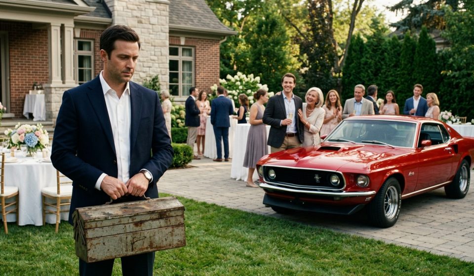 Family reunion scene where one brother receives a vintage Mustang while the brother who was always the golden child is openly favored by their mother.