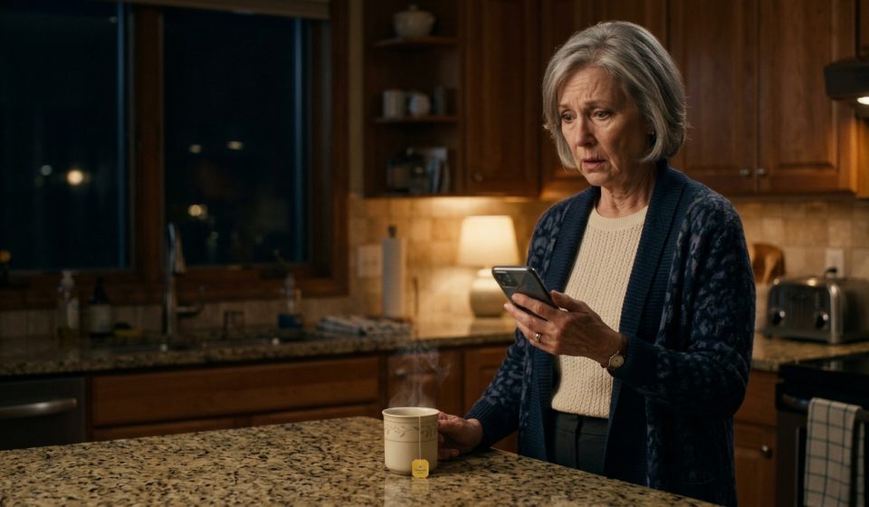 Older mother reading a painful message after her daughter told me to stay away