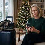 A 66-year-old mother with a packed winter suitcase reads a message saying her family forgot to book your room for their Christmas ski trip.