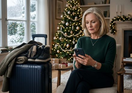 A 66-year-old mother with a packed winter suitcase reads a message saying her family forgot to book your room for their Christmas ski trip.
