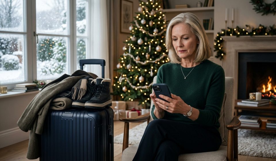 A 66-year-old mother with a packed winter suitcase reads a message saying her family forgot to book your room for their Christmas ski trip.