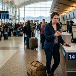 A woman stands shocked at an airport check-in counter after discovering that her mom cancelled her flight without permission.