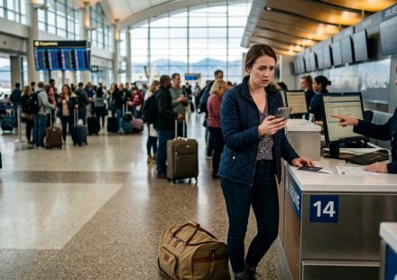 A woman stands shocked at an airport check-in counter after discovering that her mom cancelled her flight without permission.