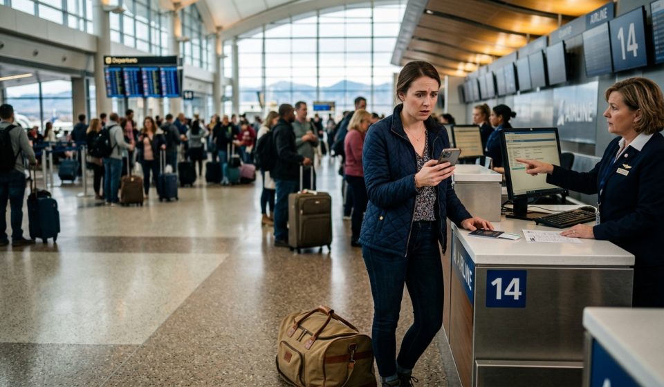 A woman stands shocked at an airport check-in counter after discovering that her mom cancelled her flight without permission.