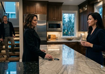 A composed woman faces her husband and longtime best friend during a tense early-morning confrontation inside her upscale kitchen.