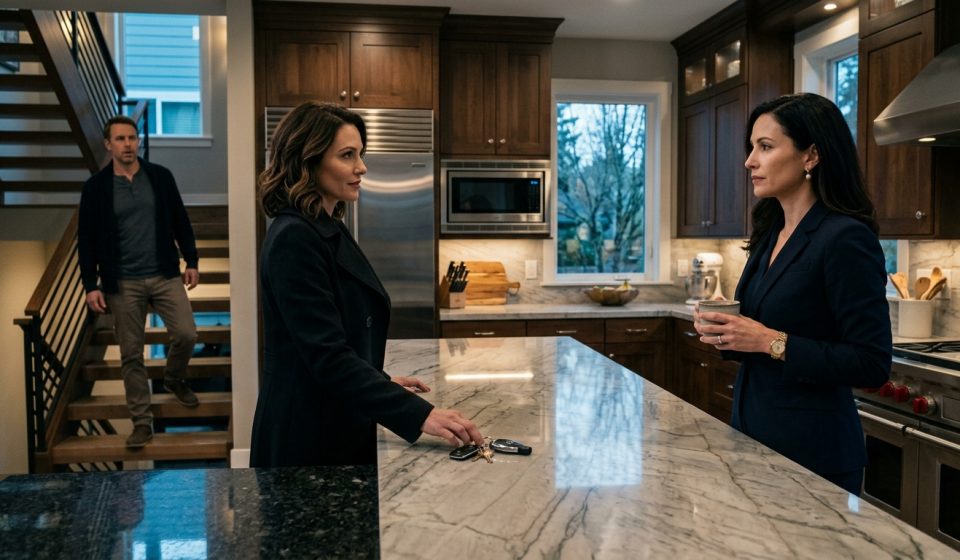 A composed woman faces her husband and longtime best friend during a tense early-morning confrontation inside her upscale kitchen.