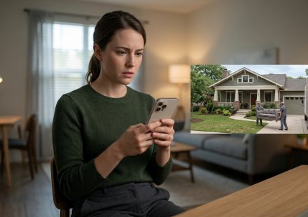 Woman checks her security cameras and discovers a moving truck in my driveway with movers carrying furniture into her newly purchased home.