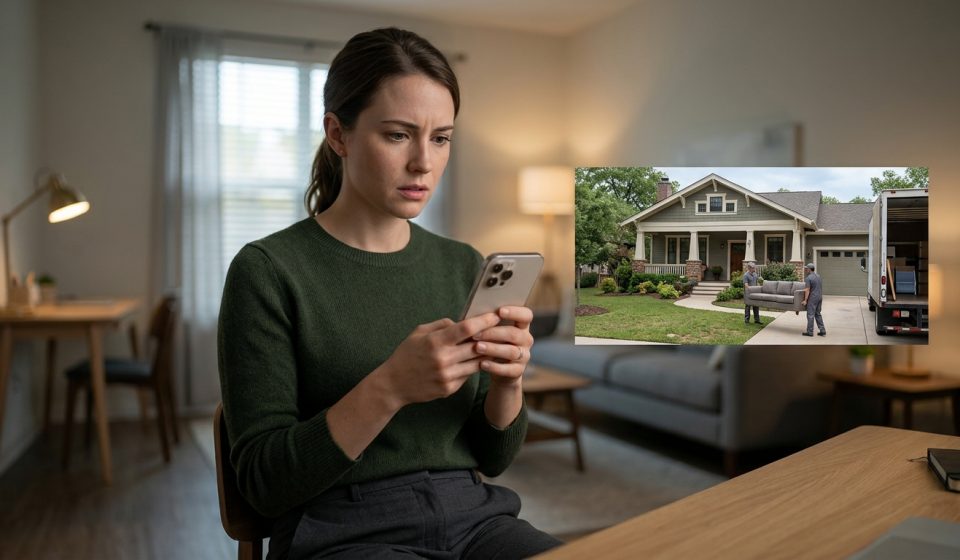 Woman checks her security cameras and discovers a moving truck in my driveway with movers carrying furniture into her newly purchased home.